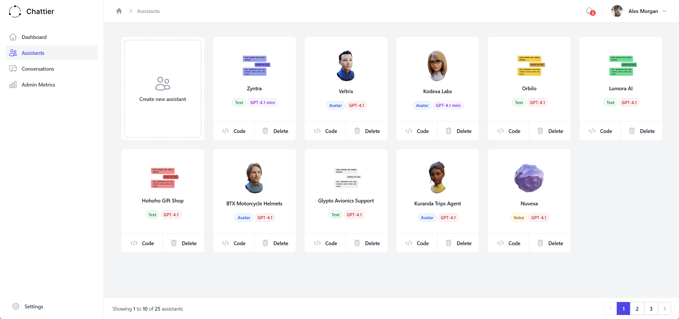 Chattier AI assistant dashboard showing conversation analytics, multilingual support, and assistant customization interface
